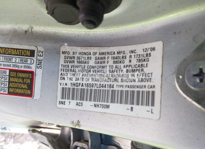 Photo 9 of 2007 Honda Civic LX (VIN 1HGFA16597L044184)