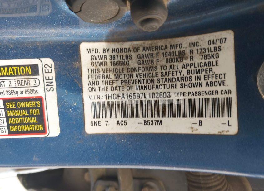 Photo 9 of 2007 Honda Civic LX (VIN 1HGFA16597L102603)