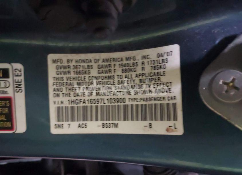 Photo 9 of 2007 Honda Civic LX (VIN 1HGFA16597L103900)