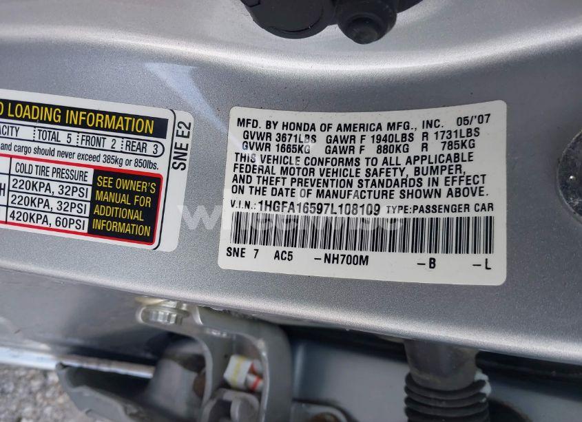 Photo 9 of 2007 Honda Civic LX (VIN 1HGFA16597L108109)