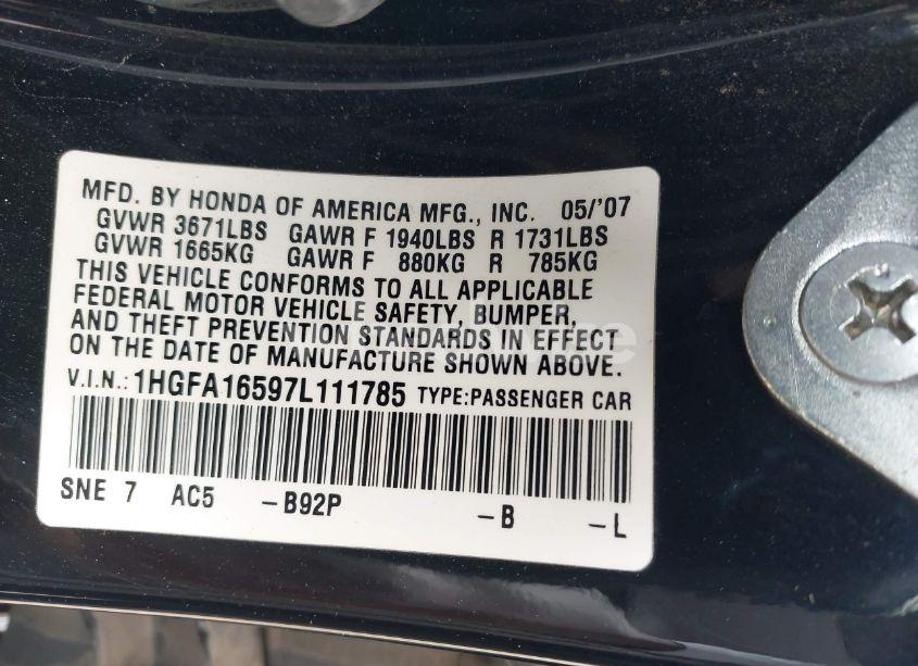 Photo 9 of 2007 Honda Civic LX (VIN 1HGFA16597L111785)