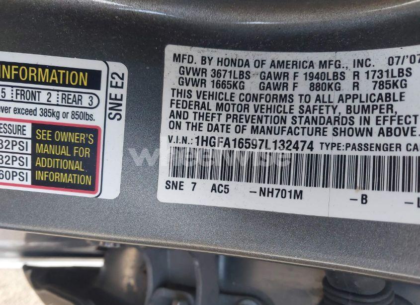 Photo 9 of 2007 Honda Civic LX (VIN 1HGFA16597L132474)