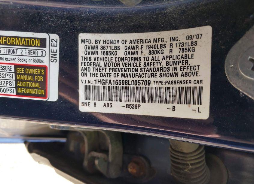 Photo 9 of 2008 Honda Civic LX (VIN 1HGFA16598L005709)