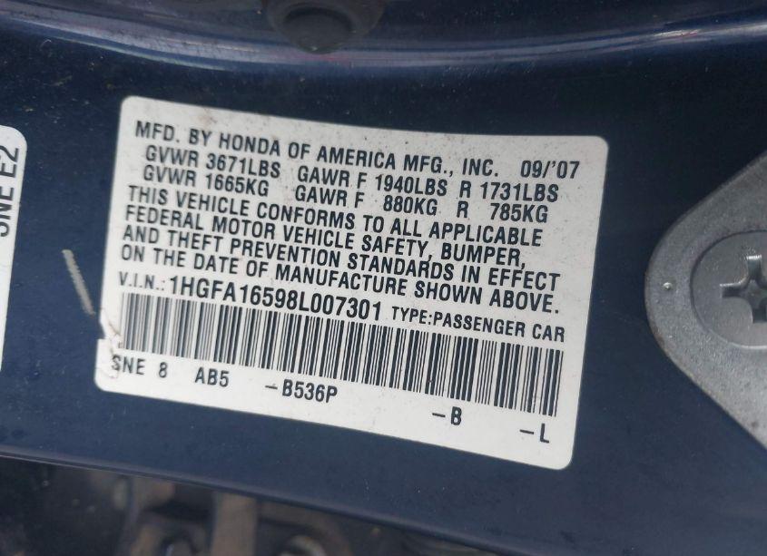 Photo 9 of 2008 Honda Civic LX (VIN 1HGFA16598L007301)