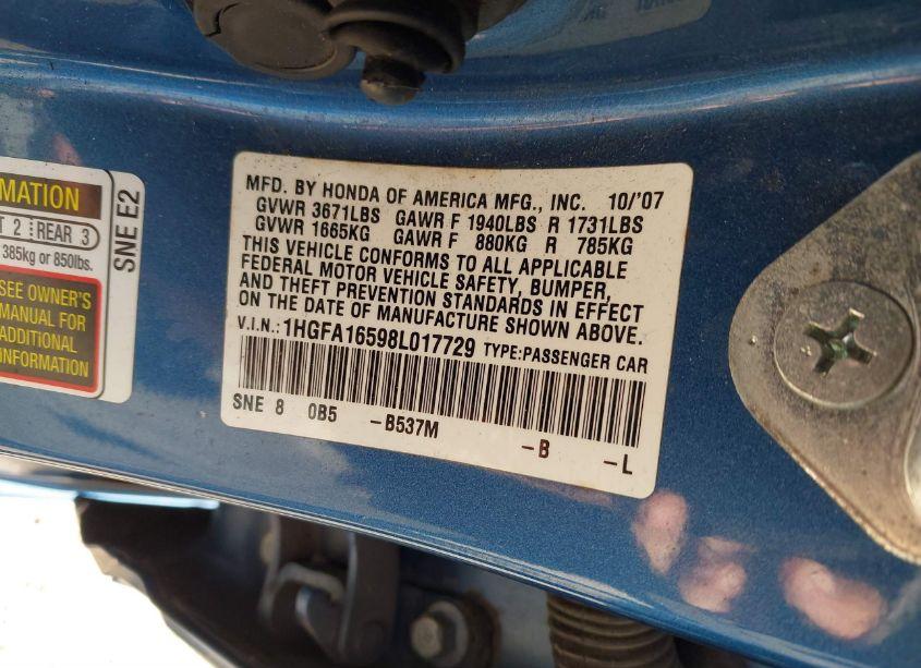 Photo 9 of 2008 Honda Civic LX (VIN 1HGFA16598L017729)