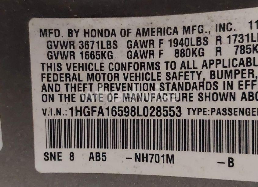 Photo 9 of 2008 Honda Civic LX (VIN 1HGFA16598L028553)