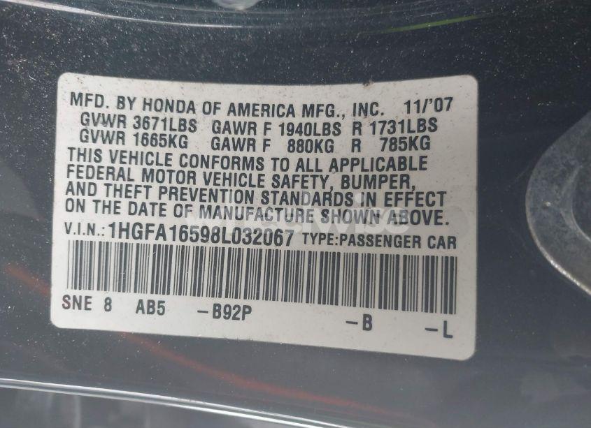 Photo 9 of 2008 Honda Civic LX (VIN 1HGFA16598L032067)