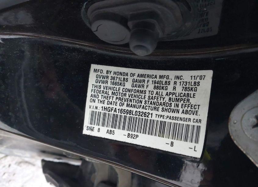 Photo 9 of 2008 Honda Civic LX (VIN 1HGFA16598L032621)
