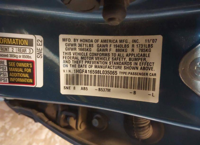 Photo 9 of 2008 Honda Civic LX (VIN 1HGFA16598L035065)