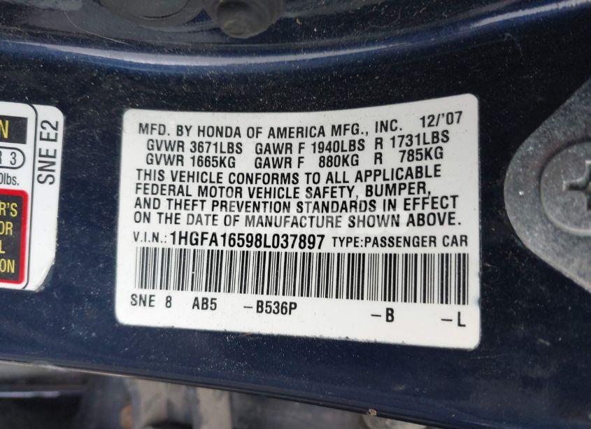 Photo 9 of 2008 Honda Civic LX (VIN 1HGFA16598L037897)