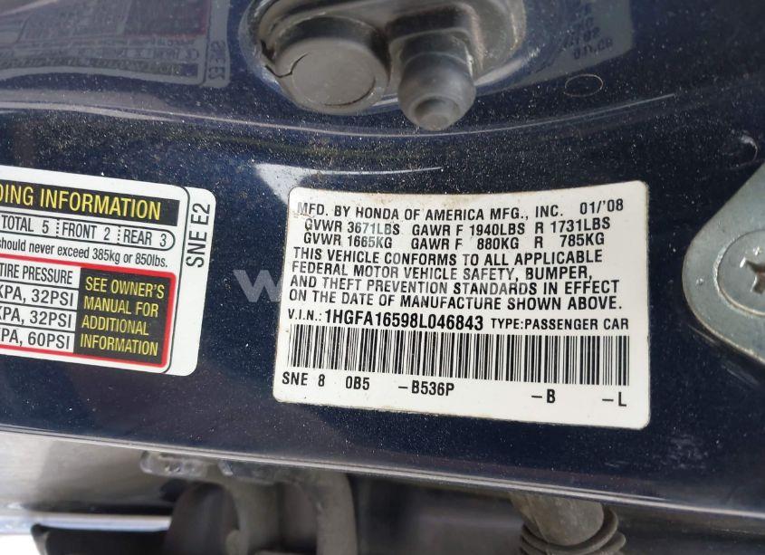 Photo 9 of 2008 Honda Civic LX (VIN 1HGFA16598L046843)