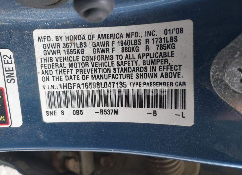Photo 9 of 2008 Honda Civic LX (VIN 1HGFA16598L047135)