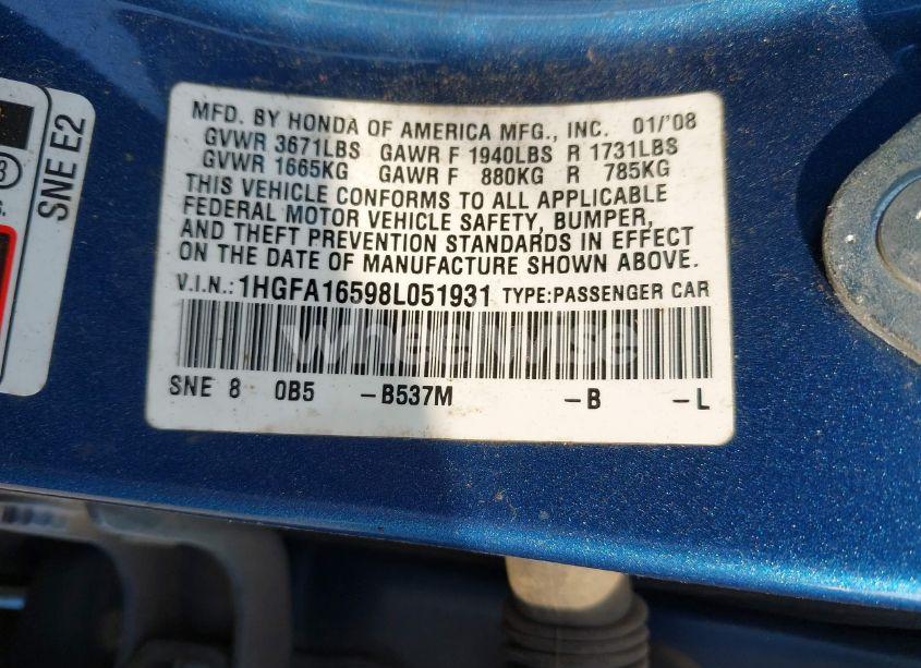 Photo 9 of 2008 Honda Civic LX (VIN 1HGFA16598L051931)