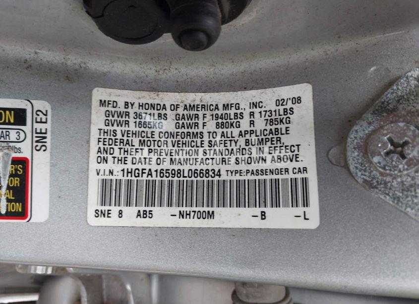 Photo 9 of 2008 Honda Civic LX (VIN 1HGFA16598L066834)