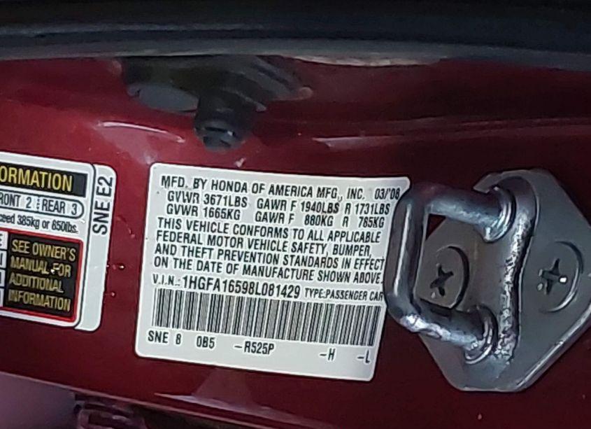 Photo 9 of 2008 Honda Civic LX (VIN 1HGFA16598L081429)
