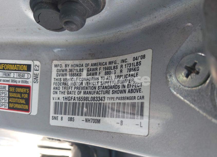 Photo 9 of 2008 Honda Civic LX (VIN 1HGFA16598L083343)