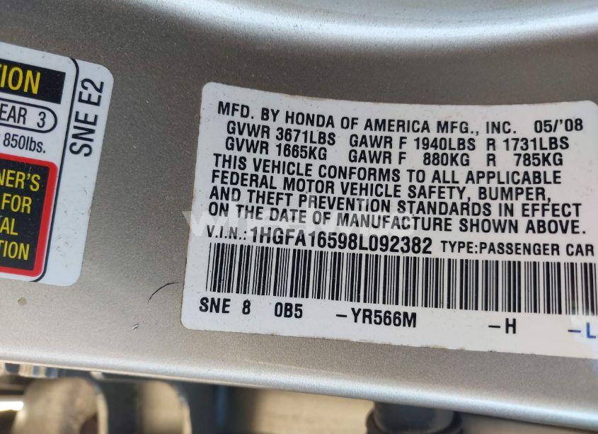 Photo 9 of 2008 Honda Civic LX (VIN 1HGFA16598L092382)
