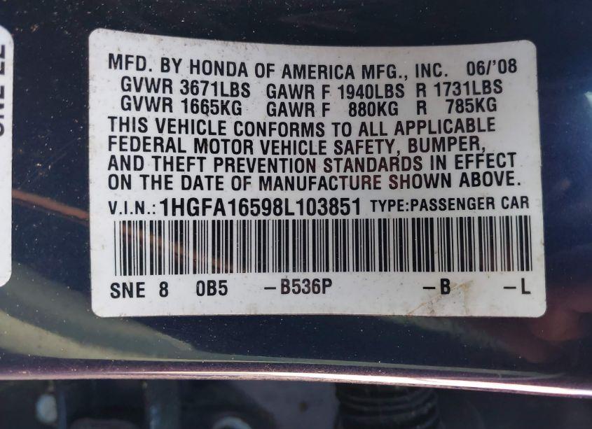Photo 9 of 2008 Honda Civic LX (VIN 1HGFA16598L103851)