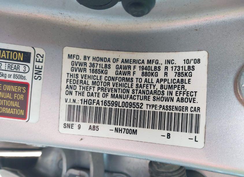 Photo 9 of 2009 Honda Civic LX (VIN 1HGFA16599L009552)