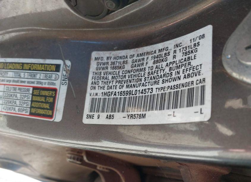 Photo 9 of 2009 Honda Civic LX (VIN 1HGFA16599L014573)