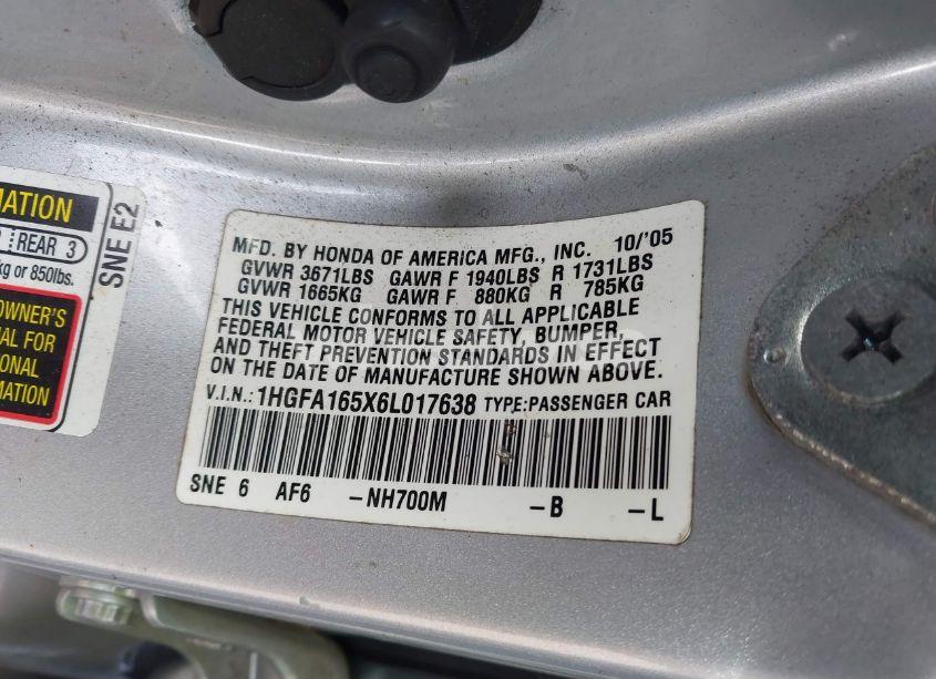 Photo 9 of 2006 Honda Civic LX (VIN 1HGFA165X6L017638)