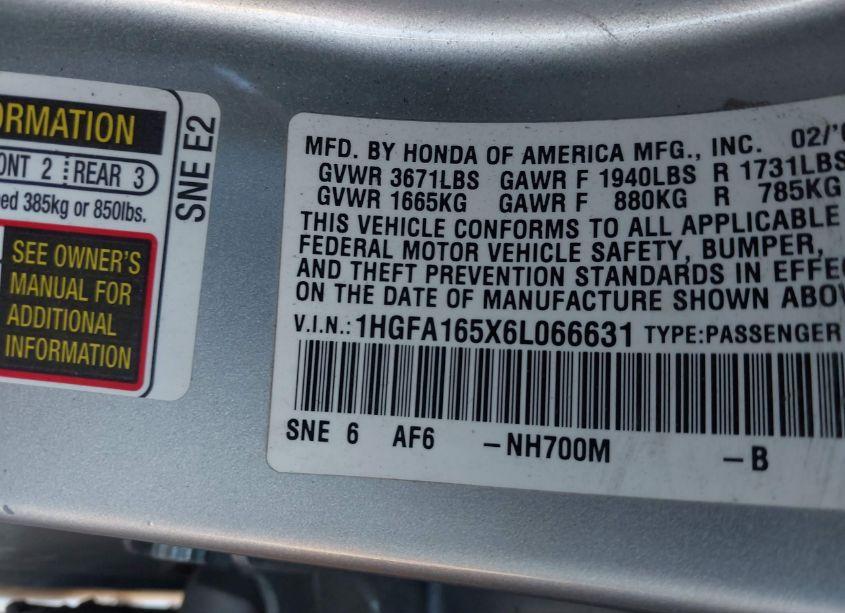 Photo 9 of 2006 Honda Civic LX (VIN 1HGFA165X6L066631)