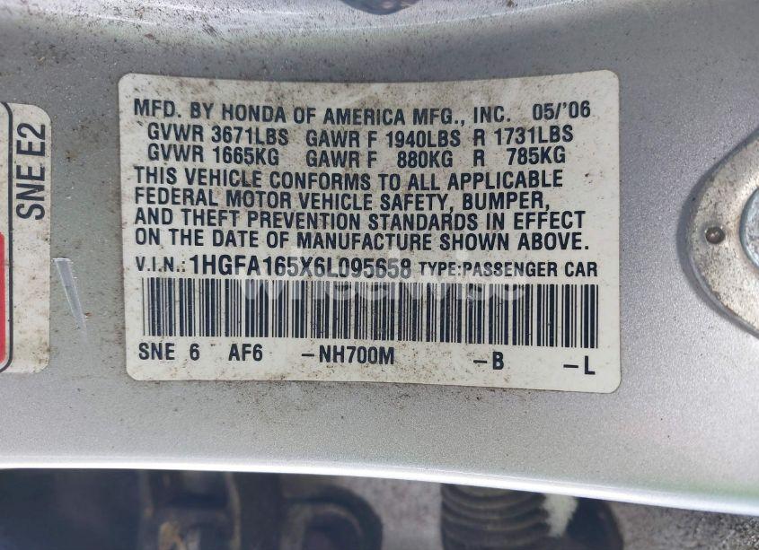 Photo 9 of 2006 Honda Civic LX (VIN 1HGFA165X6L095658)