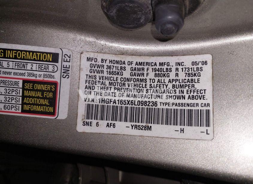 Photo 9 of 2006 Honda Civic LX (VIN 1HGFA165X6L098236)