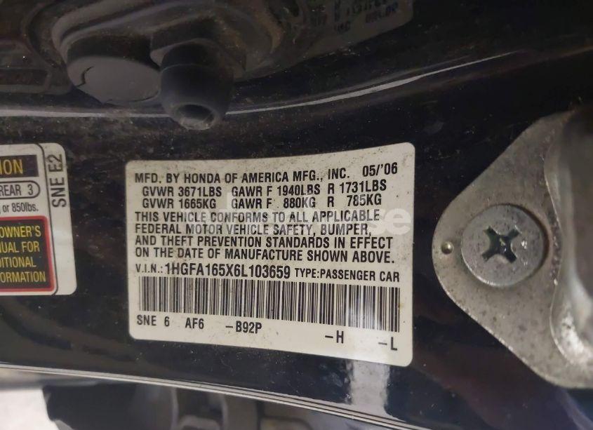 Photo 9 of 2006 Honda Civic LX (VIN 1HGFA165X6L103659)