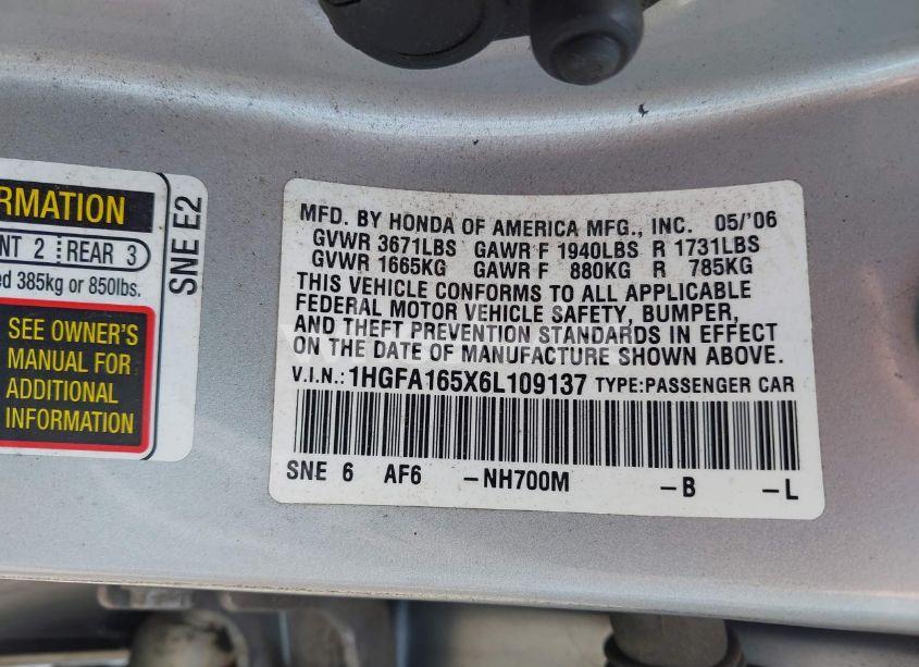 Photo 9 of 2006 Honda Civic LX (VIN 1HGFA165X6L109137)