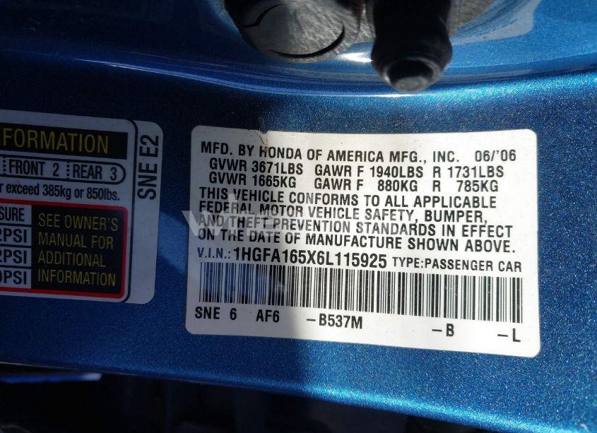 Photo 9 of 2006 Honda Civic LX (VIN 1HGFA165X6L115925)