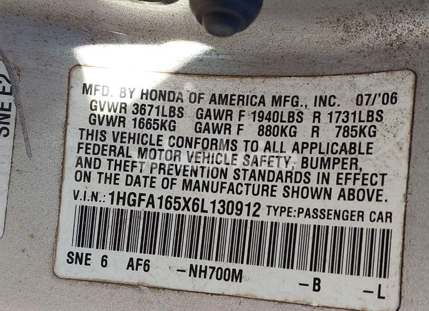 Photo 9 of 2006 Honda Civic LX (VIN 1HGFA165X6L130912)