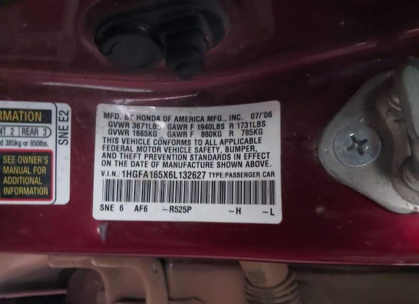 Photo 9 of 2006 Honda Civic LX (VIN 1HGFA165X6L132627)