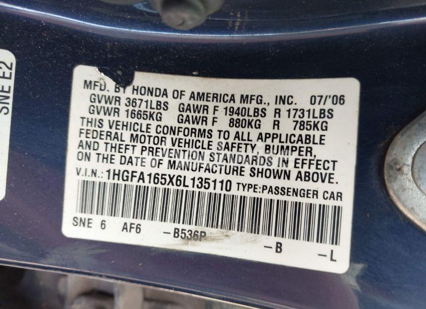 Photo 9 of 2006 Honda Civic LX (VIN 1HGFA165X6L135110)