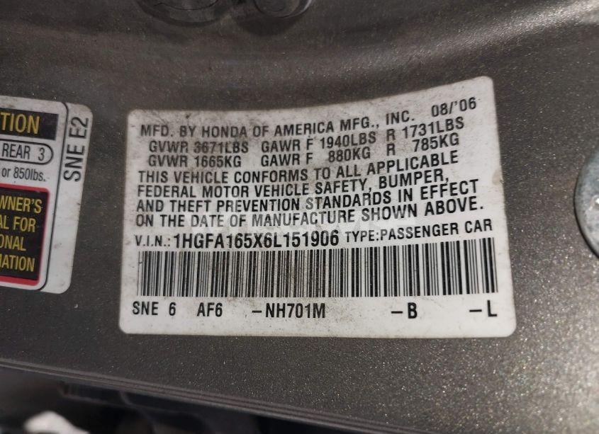 Photo 8 of 2006 Honda Civic LX (VIN 1HGFA165X6L151906)