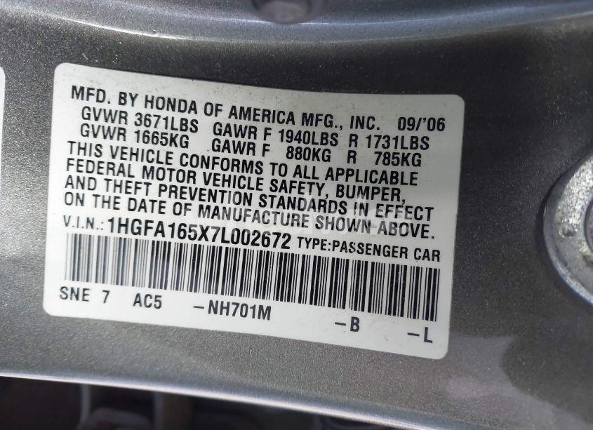 Photo 9 of 2007 Honda Civic LX (VIN 1HGFA165X7L002672)