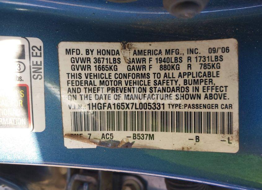 Photo 9 of 2007 Honda Civic LX (VIN 1HGFA165X7L005331)