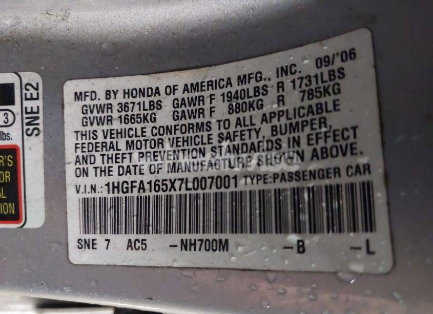 Photo 9 of 2007 Honda Civic LX (VIN 1HGFA165X7L007001)