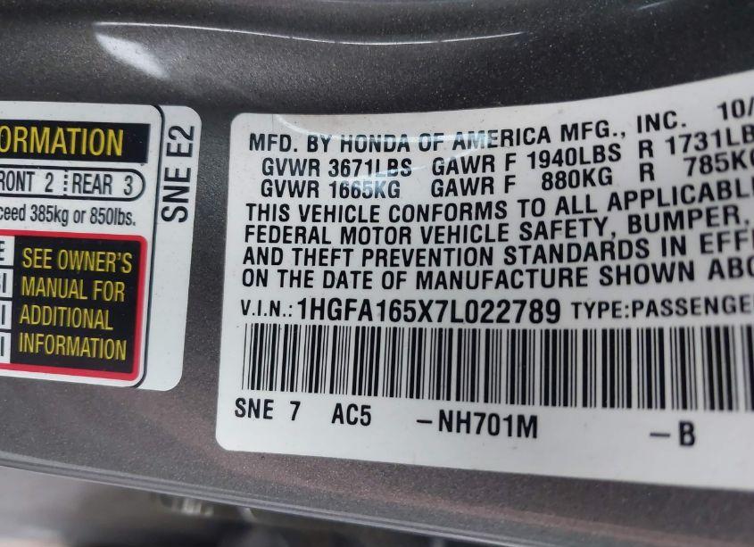 Photo 9 of 2007 Honda Civic LX (VIN 1HGFA165X7L022789)