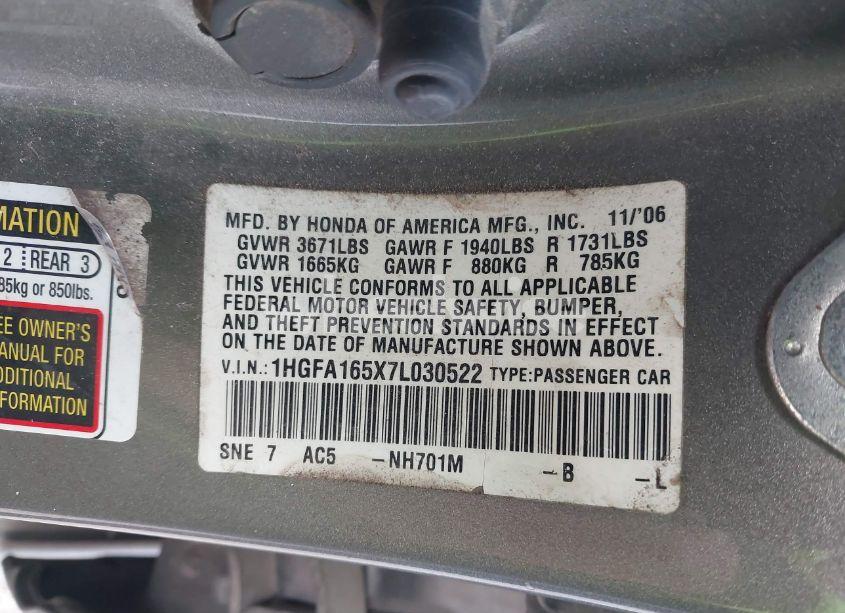 Photo 9 of 2007 Honda Civic LX (VIN 1HGFA165X7L030522)