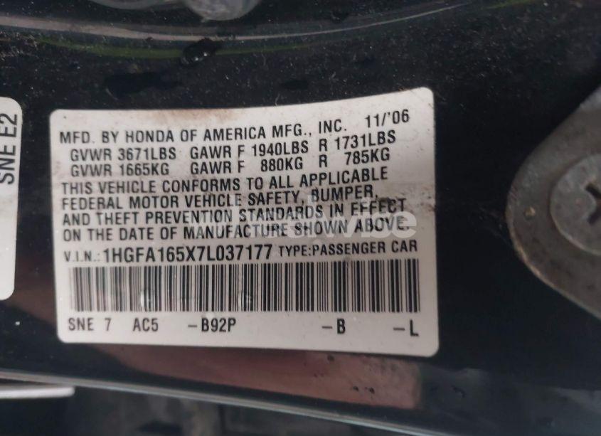 Photo 9 of 2007 Honda Civic LX (VIN 1HGFA165X7L037177)