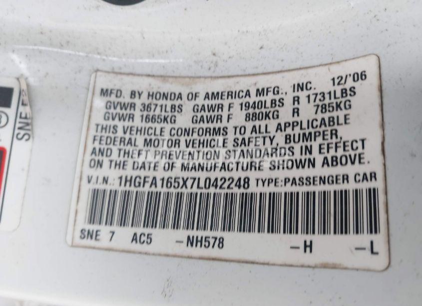 Photo 9 of 2007 Honda Civic LX (VIN 1HGFA165X7L042248)