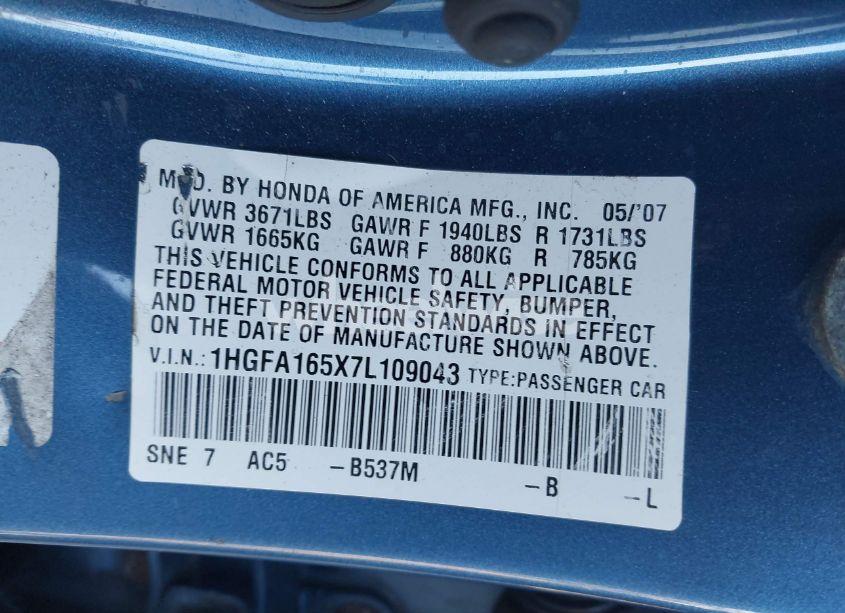 Photo 9 of 2007 Honda Civic LX (VIN 1HGFA165X7L109043)