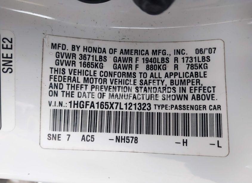 Photo 9 of 2007 Honda Civic LX (VIN 1HGFA165X7L121323)