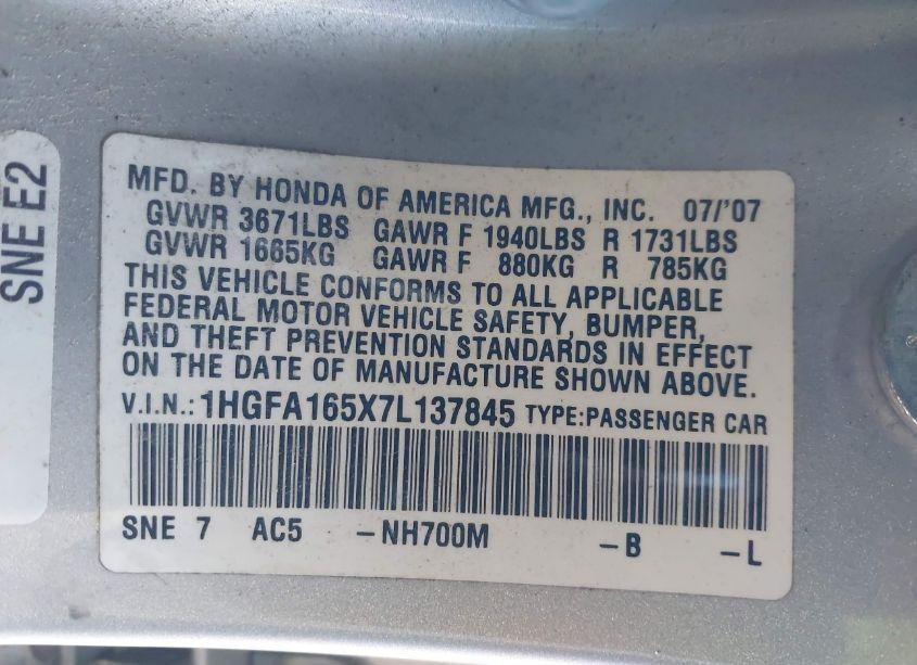 Photo 9 of 2007 Honda Civic LX (VIN 1HGFA165X7L137845)