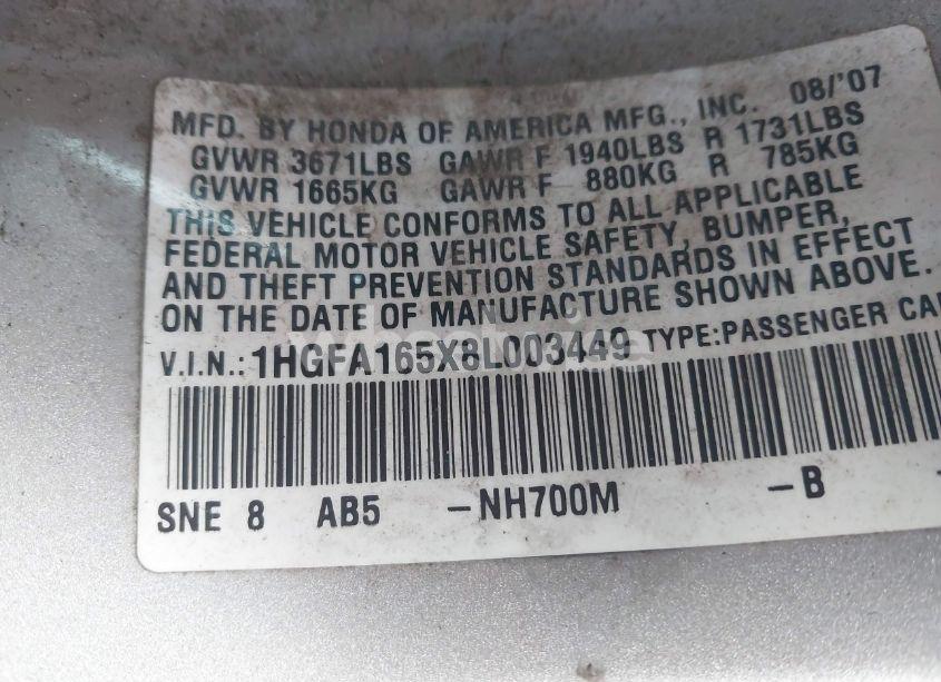 Photo 9 of 2008 Honda Civic LX (VIN 1HGFA165X8L003449)
