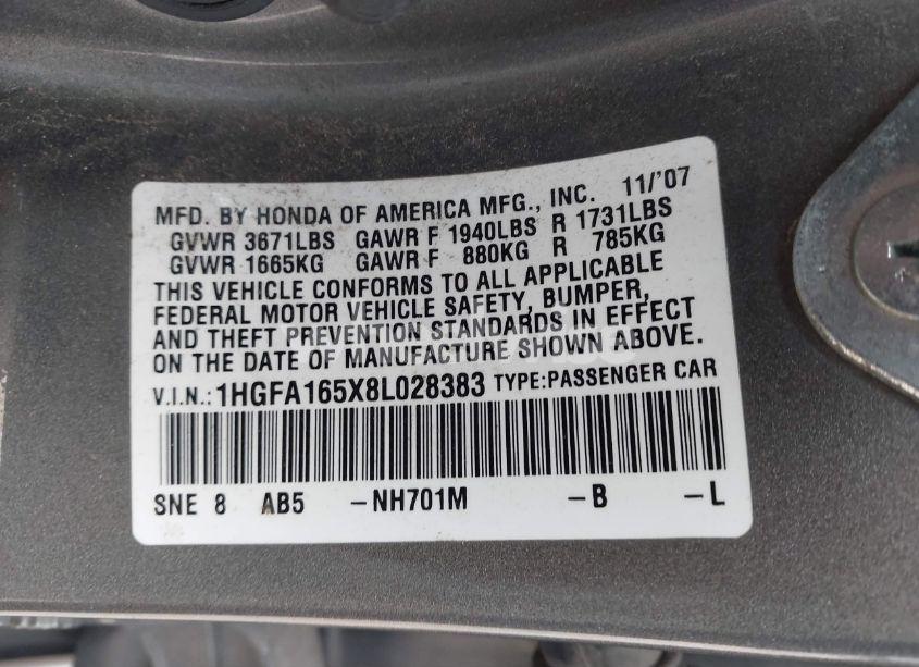 Photo 9 of 2008 Honda Civic LX (VIN 1HGFA165X8L028383)