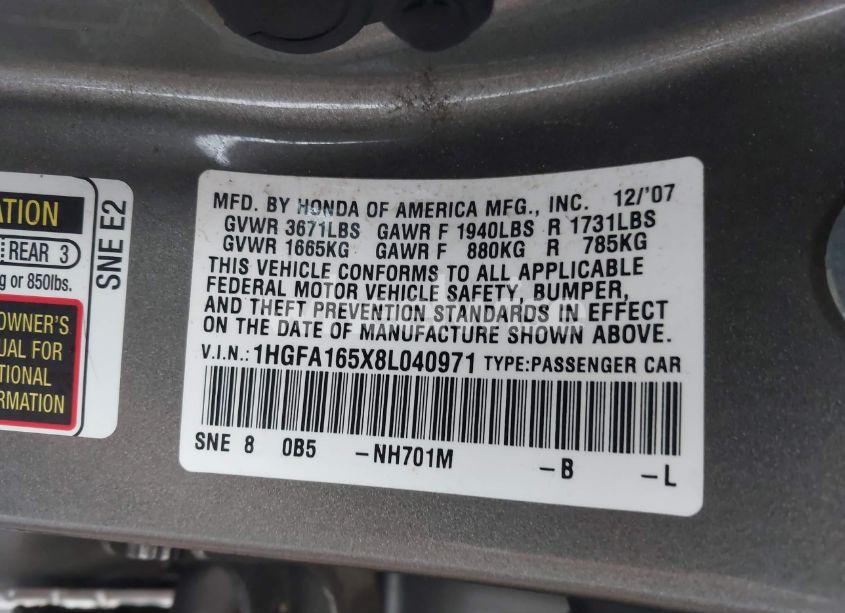 Photo 9 of 2008 Honda Civic LX (VIN 1HGFA165X8L040971)
