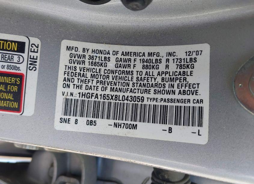 Photo 9 of 2008 Honda Civic LX (VIN 1HGFA165X8L043059)