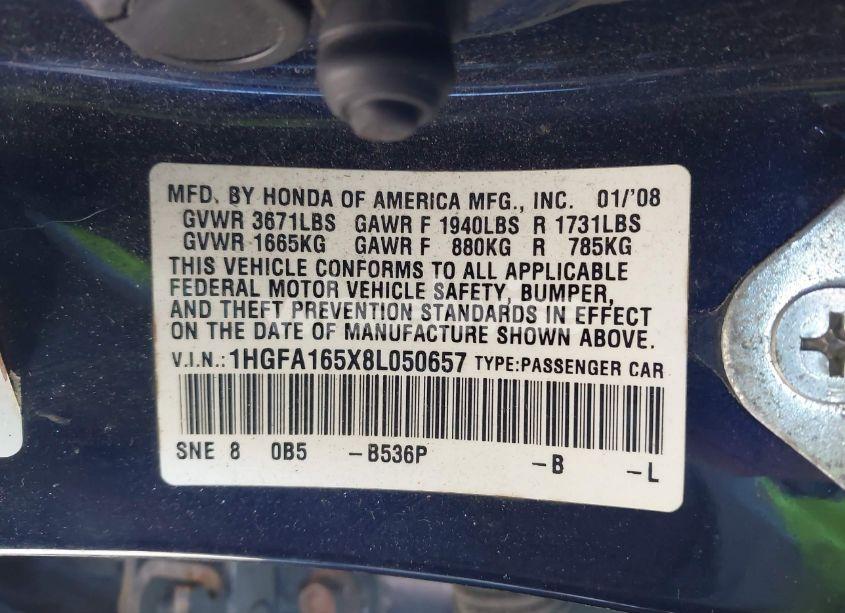 Photo 9 of 2008 Honda Civic LX (VIN 1HGFA165X8L050657)